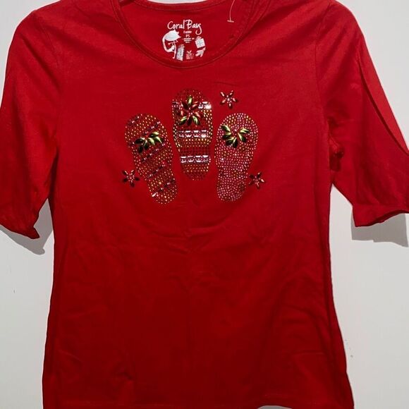 Coral Bay Women's Red Embellished Flip Flops Crew Neck Short Sleeve T-Shirt PS - Picture 1 of 8